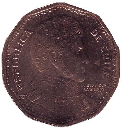 Монета 50 песо. 1999г. Чили. Бернардо О’Хиггинс. (VF)