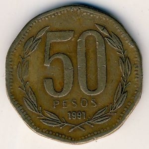 Монета 50 песо. 1991г. Чили. Бернардо О’Хиггинс. (F)