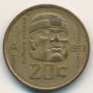 Монета 20 сентаво. 1983г. Мексика. Ольмекская культура. (F)