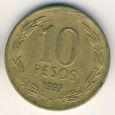 Монета 10 песо. 1992г. Чили. Бернардо О’Хиггинс. (F)