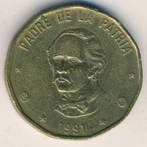 Монета 1 песо. 1991г. Доминиканская республика. Пабло Дуарте. (F)