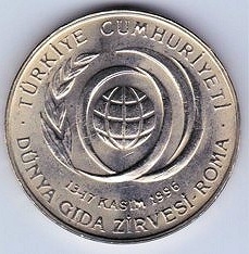 Монета 50 бин лир. 1996г. Турция. FAO. «Всемирный продовольственный саммит в Риме 13-17 ноября 1996 года». (UNC)