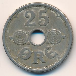 Монета 25 эре. 1924г. Дания. HCN.GJ. (F)