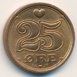 Монета 25 эре. 1993г. Дания. (F)
