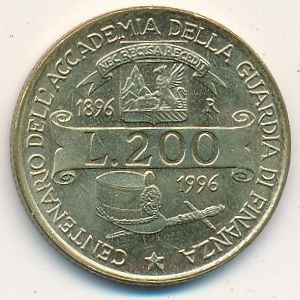Монета 200 лир. 1996г. Италия. «100 лет Академии таможенной службы». (UNC)