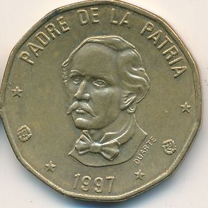 Монета 1 песо. 1997г. Доминиканская республика. Пабло Дуарте. (F)