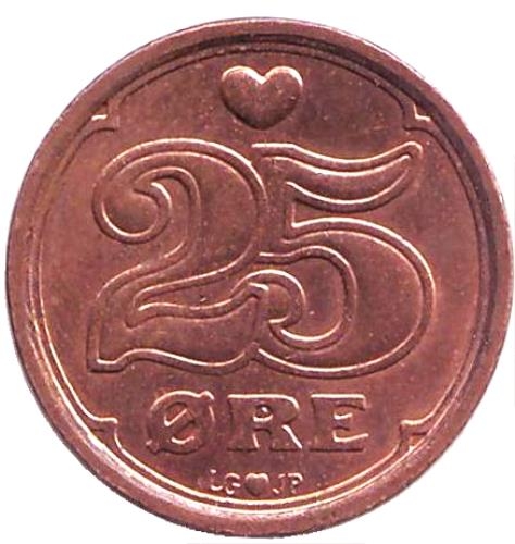Монета 25 эре. 1997г. Дания. (F)