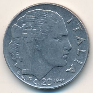 Монета 20 чентезимо. 1941г. Италия. Виктор Эммануил III. (F)