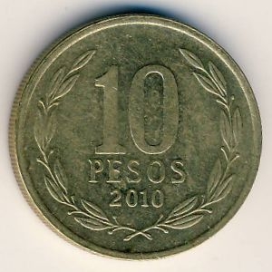Монета 10 песо. 2010г. Чили. Бернардо О’Хиггинс. (F)