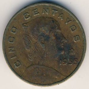Монета 5 сентаво. 1955г. Мексика. Жозефа Ортис Де Домингес. (F)
