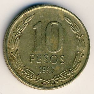 Монета 10 песо. 1995г. Чили. Бернардо О’Хиггинс. (F)