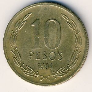Монета 10 песо. 1994г. Чили. Бернардо О’Хиггинс. (F)