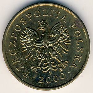 Монета 2 гроша. 2000г. Польша. Дубовые листья. (F)