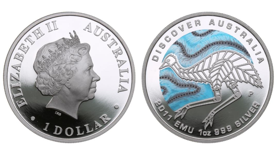 Монета 1 доллар. 2011г. Австралия. «Страус», (цветная эмаль). Серебро. (UNC)