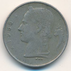 Монета 1 франк. 1955г. Бельгия. Надпись на французском - 'BELGIQUE'. (F)