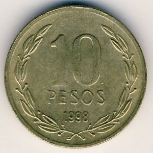 Монета 10 песо. 1998г. Чили. Бернардо О’Хиггинс. (F)