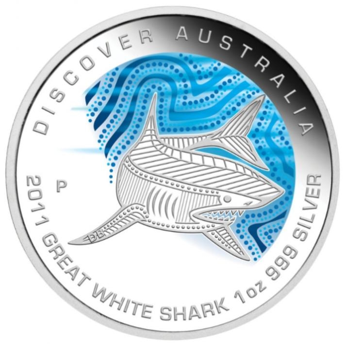 Монета 1 доллар. 2011г. Австралия. «Большая белая акула», (цветная эмаль). Серебро (UNC)
