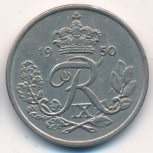 Монета 25 эре. 1950г. Дания. N;S (F)