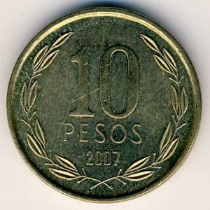 Монета 10 песо. 2007г. Чили. Бернардо О’Хиггинс. (F)