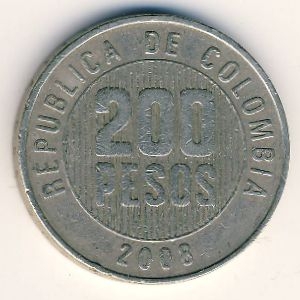 Монета 200 песо. 2008г. Колумбия. (F)
