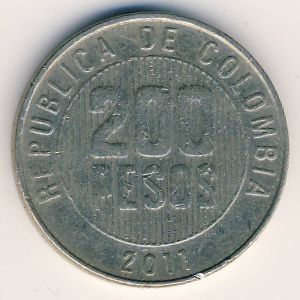 Монета 200 песо. 2011г. Колумбия. (F)