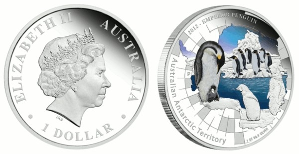 Монета 1 доллар. 2012г. Австралия. «Императорский пингвин», (цветная эмаль). Серебро. (UNC)