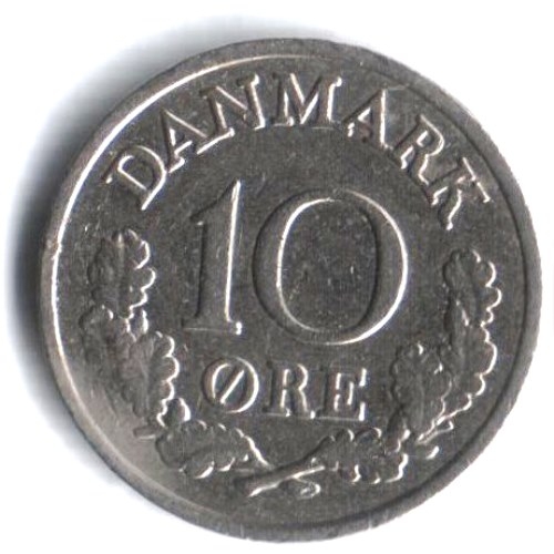 Монета 10 эре. 1965г. Дания. C;S (F)