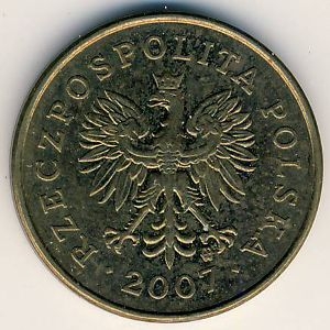 Монета 2 гроша. 2007г. Польша. Дубовые листья. (F)