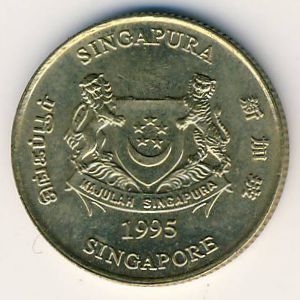 Монета 5 центов. 1995г. Сингапур. Гибискус. (F)