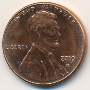 Монета 1 цент. США. 2010г. «Lincoln Cent». (D). (F)