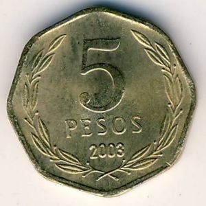 Монета 5 песо. 2003г. Чили. Бернардо О’Хиггинс. (F)