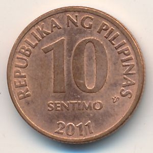 Монета 10 сентимо. 2011г. Филиппины. (F)