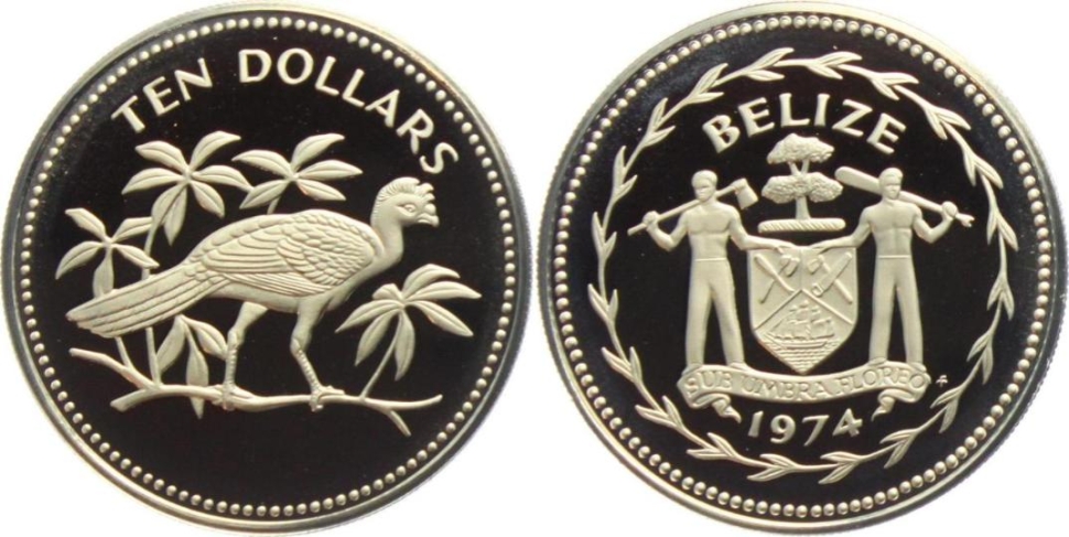 Монета 10 долларов. 1975г. Белиз. Серебро. (UNC)
