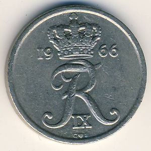 Монета 10 эре. 1966г. Дания. C;S (F)
